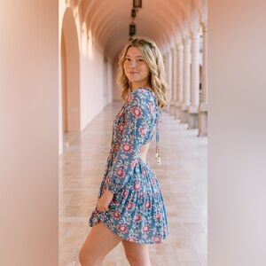 Free People Blue & Pink Mini Dress Boho XL Cotton Viscose Beaded Embroidery NWOT